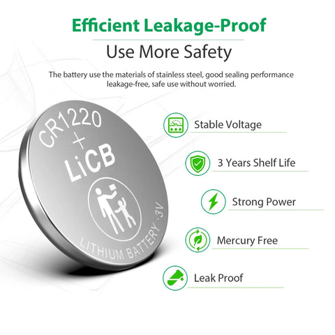 Premium CR1220 3 Volt Lithium Button Coin Cell Battery High Capacity Grade A Cells, stainless steel, leakage-proof design.