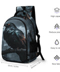 Dark Storm Castle Crow Printed Unisex Backpack With Large Capacity Durable Polyester Breathable Comfort Sturdy Zipper Ideal For School Travel And Everyday Use, side view with crow print and size dimensions.