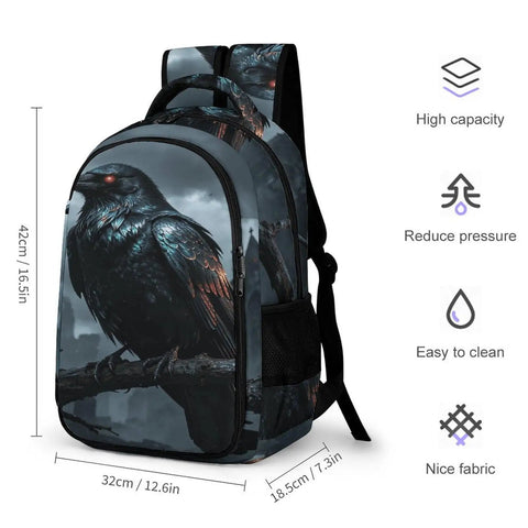Dark Storm Castle Crow Printed Unisex Backpack With Large Capacity Durable Polyester Breathable Comfort Sturdy Zipper Ideal For School Travel And Everyday Use, side view with crow print and size dimensions.