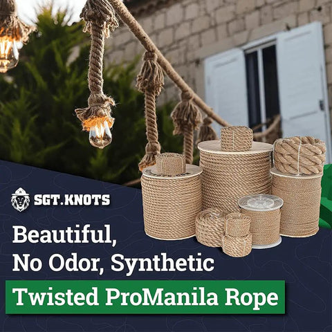 Twisted ProManila Rope UnManila 3 Strand Lightweight Polypropylene Rope shown with rustic lighting outdoors.