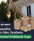 Twisted Polypropylene UnManila Rope in tan with multiple spool sizes, ideal for decorative and industrial use outdoors