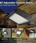 Ultra Bright 200W LED Flood Light With Dusk To Dawn Photocell Adjustable 200W 150W 100W 26,000 Lumens 5000K Daylight IP65 Waterproof Trunnion Mount Parking Lot Light ETL Listed showing 180-degree adjustable trunnion mount outdoors.