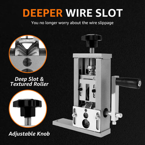 Manual Wire Stripper Machine with adjustable knob and deeper wire slot for 1-25mm wires, aluminum alloy build, portable and durable.