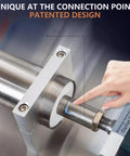 Close-up of the unique connection point on the Smooth Operator Pneumatic Bottle Filler Machine With Heavy Gauge Stainless Steel Hopper And No Sweat Anti Drip Spout For Quick Commercial Liquid And Paste Workloads.