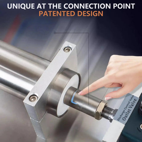 Close-up of the unique connection point on the Smooth Operator Pneumatic Bottle Filler Machine With Heavy Gauge Stainless Steel Hopper And No Sweat Anti Drip Spout For Quick Commercial Liquid And Paste Workloads.