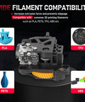 Upgraded Hardened Steel Dual Gear Extruder Assembly For P1P And P1S 3D Printers showing filament compatibility with PLA, TPU, and PETG.