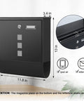 Beefy Locking Wall Mounted Mailbox with Key Lock and Large Capacity, black galvanized metal, dimensions 13x11.8x3.4 inches.