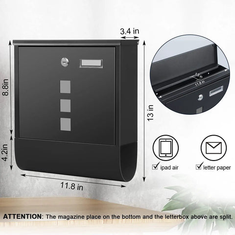 Beefy Locking Wall Mounted Mailbox with Key Lock and Large Capacity, black galvanized metal, dimensions 13x11.8x3.4 inches.