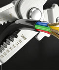 Close-up of Heavy Duty Wire Stripper Pliers Manual Hand Tool With Stripping Cutting And Gripping Sections for electrical work on colored wires.