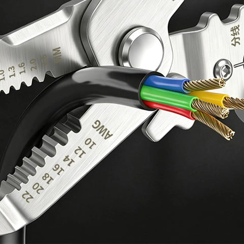 Close-up of Heavy Duty Wire Stripper Pliers Manual Hand Tool With Stripping Cutting And Gripping Sections for electrical work on colored wires.