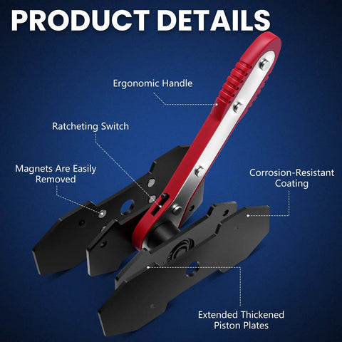 Brake Caliper Compression Tool With 360 Degree Ratchet For Easy Piston Spreading, red ergonomic handle, steel plates, close-up view