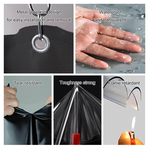 Slick Heavy Duty Clear Pvc Tarp Curtains With Zipper Side, Waterproof Panels For Gazebo Pergola, showing metal grommet, waterproof test, and tear-resistance features.