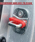 Dead Quiet Car Door Latch Covers 4 Pack on metal door with raindrops, highlighting waterproof and solid fit in bright red.