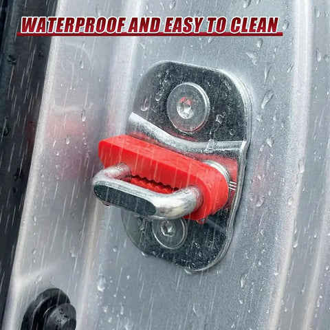 Dead Quiet Car Door Latch Covers 4 Pack on metal door with raindrops, highlighting waterproof and solid fit in bright red.
