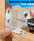 Stainless Steel L Brackets Set, 18 Pack 90 Degree Right Angle Corner Braces For Shelves, Wood Furniture, smooth edges shown