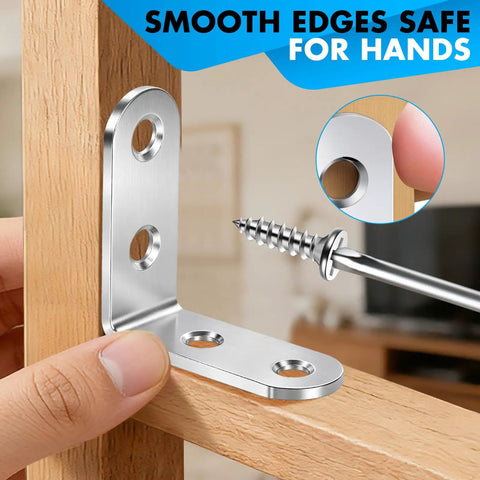Stainless Steel L Brackets Set, 18 Pack 90 Degree Right Angle Corner Braces For Shelves, Wood Furniture, smooth edges shown