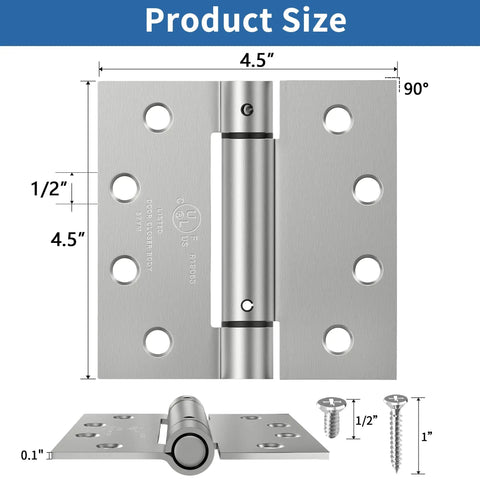 4.5 Inch Self Closing Door Hinges Brushed Nickel 2 Pack Square Spring Hinges showing detailed measurements and screws for installation.