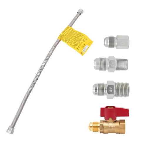 Stainless Steel 22 Inch Flexible Gas Line With Brass Ball Valve And Coupling Kit For Wall Heaters And Fireplaces, One Half Inch Flare On Both Ends