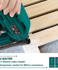 Straight Shooter Corded Electric Brad Nailer And Stapler Combo Ditch Bulky Air Compressor Setup For Fast Upholstery Carpentry Work delivering nail into wood.