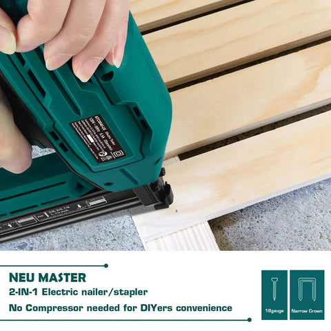Straight Shooter Corded Electric Brad Nailer And Stapler Combo Ditch Bulky Air Compressor Setup For Fast Upholstery Carpentry Work delivering nail into wood.