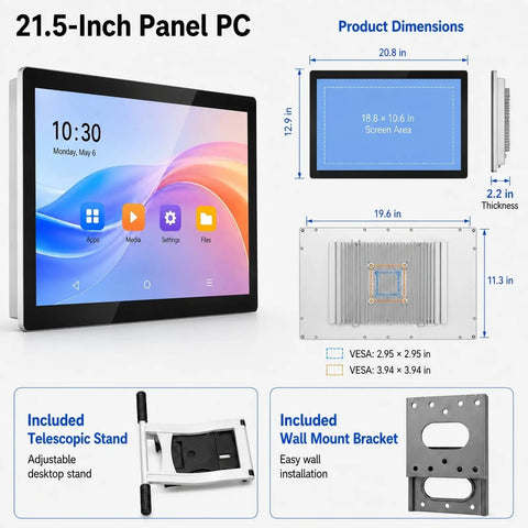 Front and dimensions of a 21.5-inch panel PC with adjustable stand and wall mount bracket included.