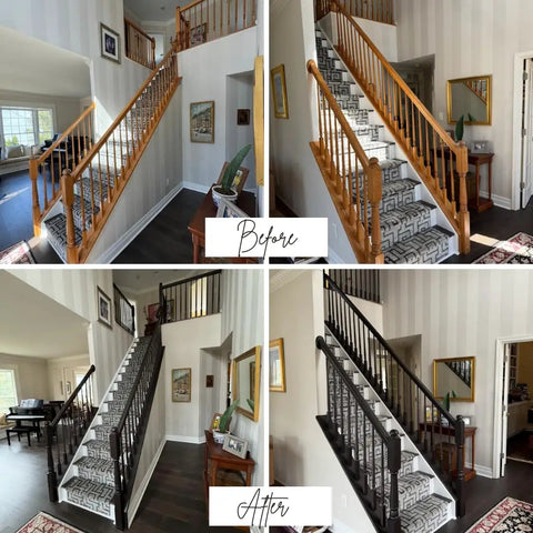 Before and after stairs transformation using Chalk Mineral Paint Transformer for Latex and Acrylic No Sanding Or Priming Needed Easy Peasy Mix Color