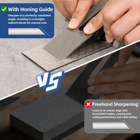 Comparison of All Metal Chisel Sharpening Kit With Honing Guide And Five Diamond Stones versus freehand sharpening on stones