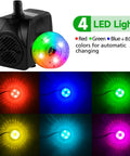 Submersible Fountain Pump 15W 800L/H With LED Lights showing color options: red, green, blue, RGB for water features and aquariums.