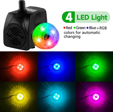 Submersible Fountain Pump 15W 800L/H With LED Lights showing color options: red, green, blue, RGB for water features and aquariums.