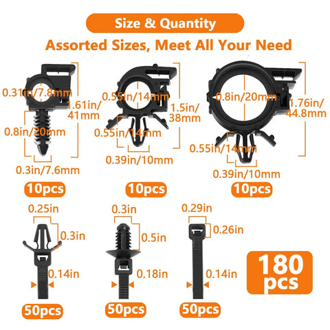 Assorted sizes of 180 Pcs Wire Loom Clips For Car Push Mount And Zip Ties, including measurements and quantities displayed.