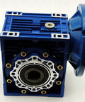 Lexar Industrial MRV063 worm gear speed reducer, blue housing, front view with bolt-hole mounting flange