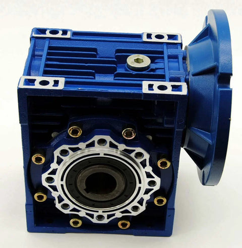 Lexar Industrial MRV063 worm gear speed reducer, blue housing, front view with bolt-hole mounting flange