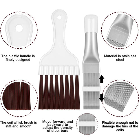 Fin Comb For Air Conditioner Condenser And Evaporator Fins, Coil Cleaning Brush And Refrigerator Coil Cleaner, Radiator Repair Tool Two Piece Set showcasing design and materials with close-ups of handle, bristles, and stainless steel coils.