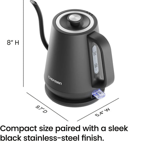 Gooseneck Electric Kettle 0.8L Fast Boil For Pour Over Coffee And Tea With One Touch Operation Auto Shut Off Boil Dry Protection Ultra Fast Hot Water Black Kitchen Essential showing dimensions.