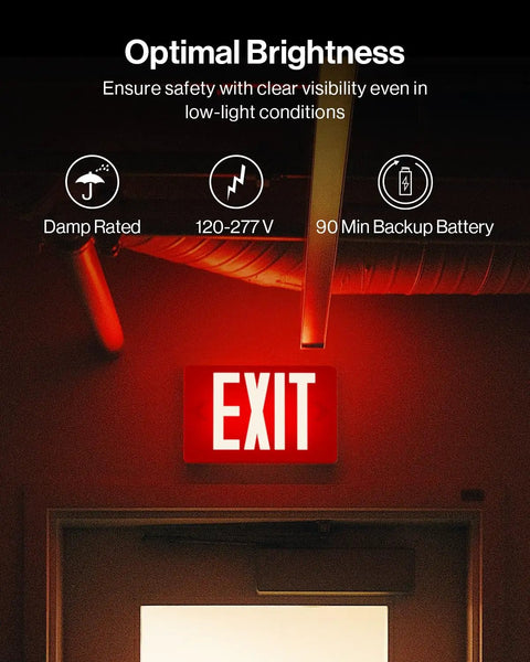 Six Pack Red LED Exit Signs Double Sided With 90 Minute Battery Backup For Emergency Exits High Visibility 6 Inch Letters Visible From 100 Feet With Arrow Knockouts And Durable Acrylic Faces For Long Term Hallway Safety.