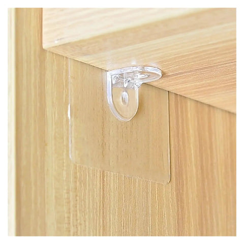 60Pcs Transparent Shelf Support Pegs With Nail Free Adhesive Clips installed on wooden cabinet, clear plastic design