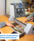 Mixed Denomination Money Counter With Two Pocket Design at bank counter with teller processing cash for deposit