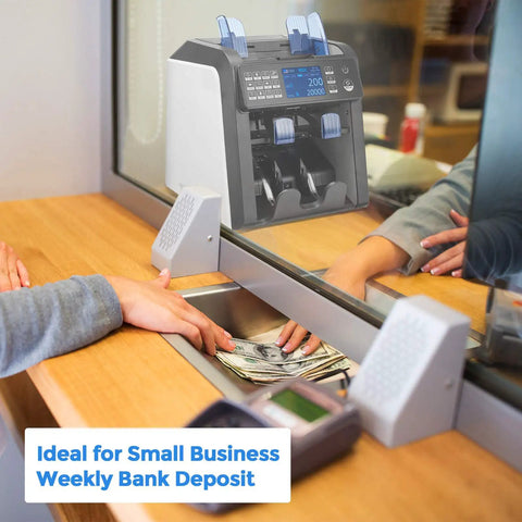Mixed Denomination Money Counter With Two Pocket Design at bank counter with teller processing cash for deposit
