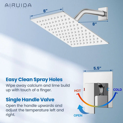 Rain Shower System With 8 Inch Square Showerhead, Easy Install 1-Handle Trim Kit, Chrome Finish, Stainless Steel Head And Brass Valve, Female Thread Rough-In, Cover Plate With H And C Labels