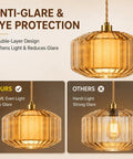 Plug In Dimmable Pendant Light Featuring Amber Drum Glass And Gold Fabric Inner Shade, side view showing glare protection design.