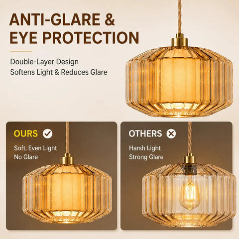 Plug In Dimmable Pendant Light Featuring Amber Drum Glass And Gold Fabric Inner Shade, side view showing glare protection design.