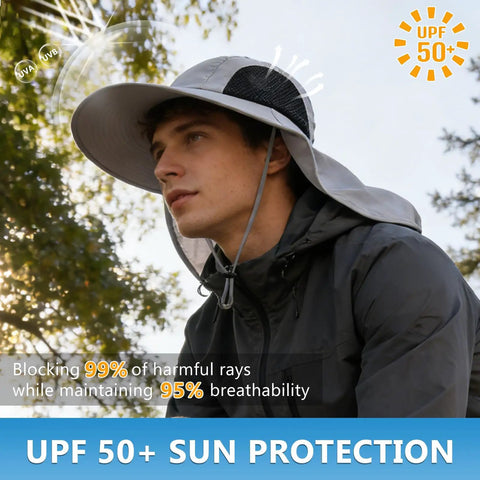 Man wearing Go To Wide Brim Sun Hat With Neck Flap UPF 50+ For Men And Women, Lightweight Quick Dry Nylon, outdoors