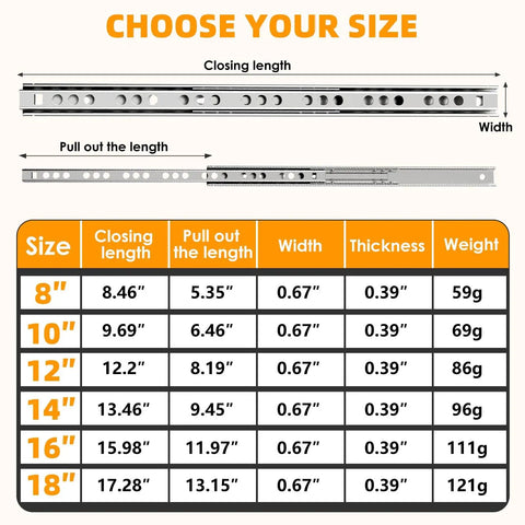 Heavy Duty 14 Inch Thin Drawer Slides With Low Profile Ball Bearing Tracks 4 Pack size chart showing dimensions and weights.
