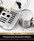 Slick Compact Espresso Maker With Crackin Hot 30 Second Heat Up And 20 Bar Italian Pump For Rich Crema Lattes Featuring Pro Milk Frothing Wand In Sleek White And Gold, close-up of frothing wand and steam options.