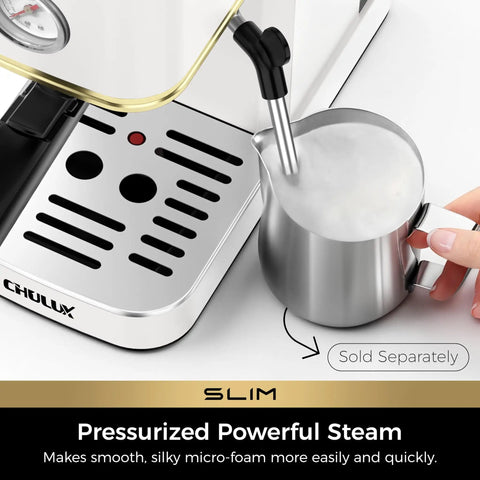 Slick Compact Espresso Maker With Crackin Hot 30 Second Heat Up And 20 Bar Italian Pump For Rich Crema Lattes Featuring Pro Milk Frothing Wand In Sleek White And Gold, close-up of frothing wand and steam options.