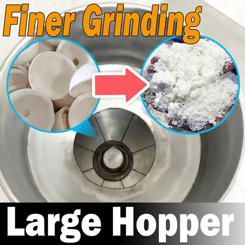 Top view of Heavy Duty Coconut Grinder Machine 500 Kg Per Hour For Commercial Use Pulper Pulverizer Cassava Potato Sweet Potato Root Veg Grinder With Stainless Steel Hopper 110V showing large hopper.