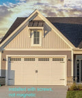 Six Pack Steel Garage Door Hardware Kit With Decorative Hinge Handles installed on a beige garage door