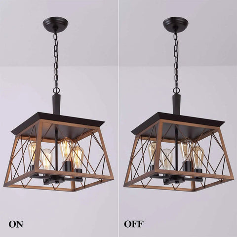 Farmhouse Rustic Square Chandelier Bronze And Black 4 Light Vintage Vibe Ceiling Light Fixture For Kitchen Dining Room Bar Entryway Foyer Living Room UL Listed, dual view with lights on and off