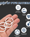 Rock Solid Durable PTFE Flat Washers 60 Pack M25 Heavy Duty Sealing Gaskets and Spacers acid resistant white O rings in hand.