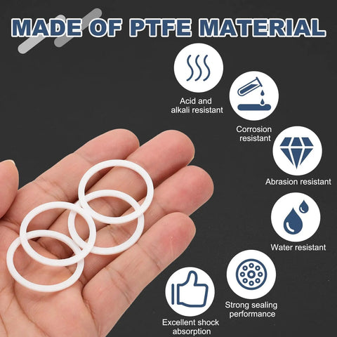 Rock Solid Durable PTFE Flat Washers 60 Pack M25 Heavy Duty Sealing Gaskets and Spacers acid resistant white O rings in hand.